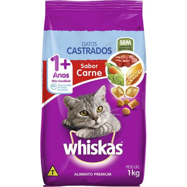 Whiskas Gatos Adultos Castrados Carne 1Kg