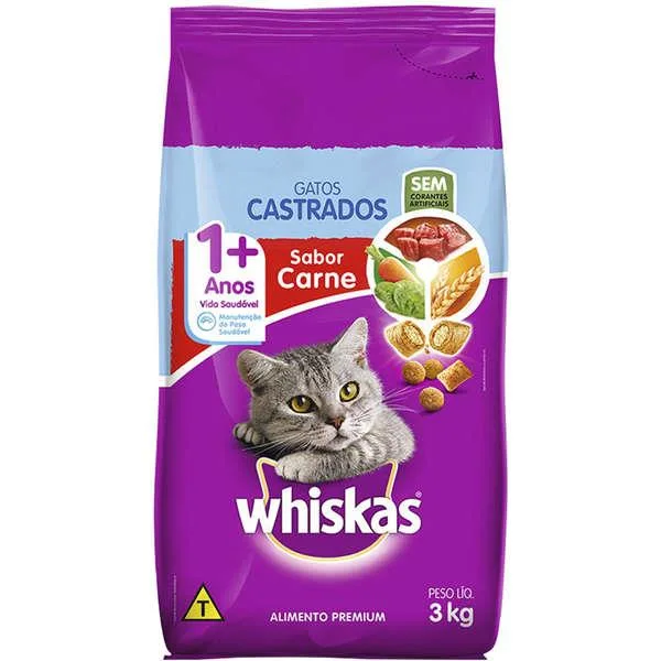 Whiskas Gatos Adultos Castrados Carne 3Kg