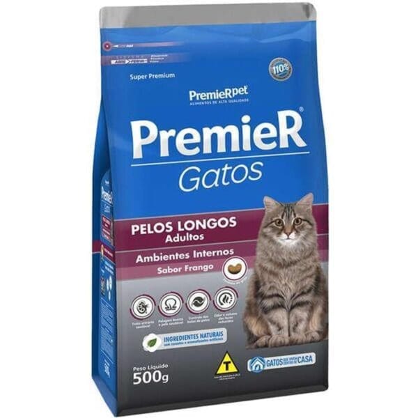 Premier Gatos Adultos Pelos Longos Frango 500G