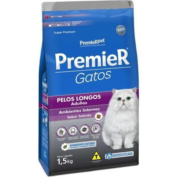 Premier Gatos Adultos Pelos Longos Salmão 1,5Kg