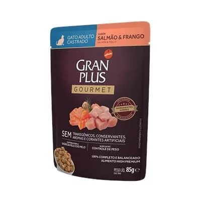 Sachê Granplus Gourmet Gatos Adultos Castrados Salmão E Frango 85G